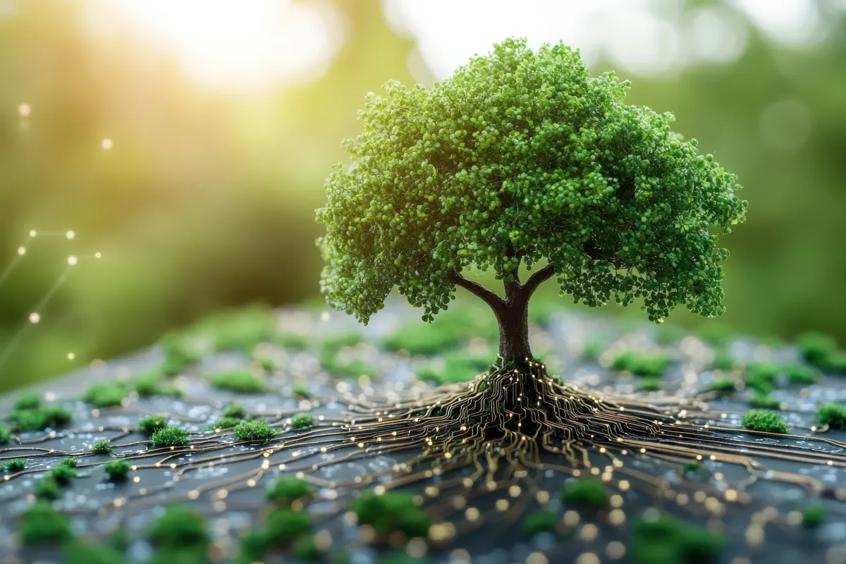 KI-generiertes Bild mit einem Baum, der sowohl echte Wurzeln als auch beleuchtete Kabel als Wurzeln hat